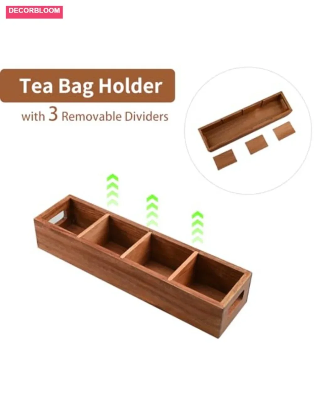 Acacia Wood Tea Bag Organizer with 4 Adjustable Slots – Handcrafted Tea Storage